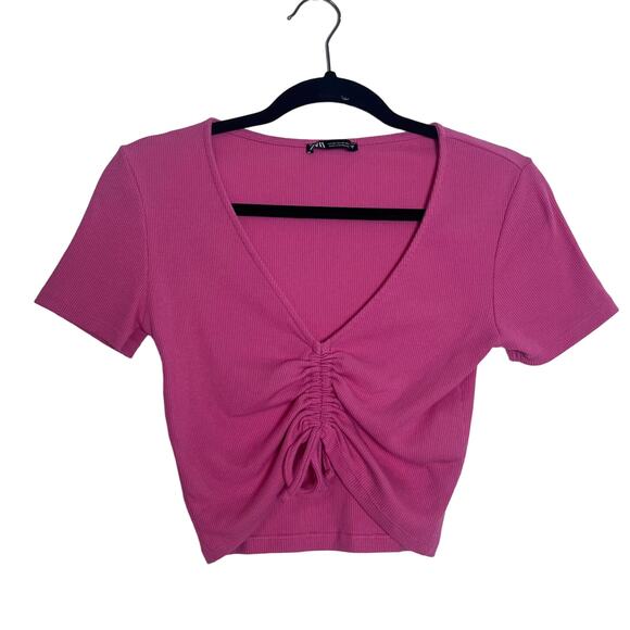 Zara Tops - Zara Women's Hot Pink Ruched Front Crop Ribbed Top Size M